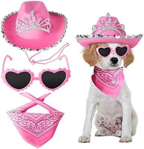 Yewong Pet Pink Cowboy Hat Costume Accessory Set Dog Cat Size Pink Cowgirl Princess Hat with Crown Tiara Bandana/Scarf Sunglasses for Cat Puppy Western Costume Daily Wearing Photo Props by Yewong