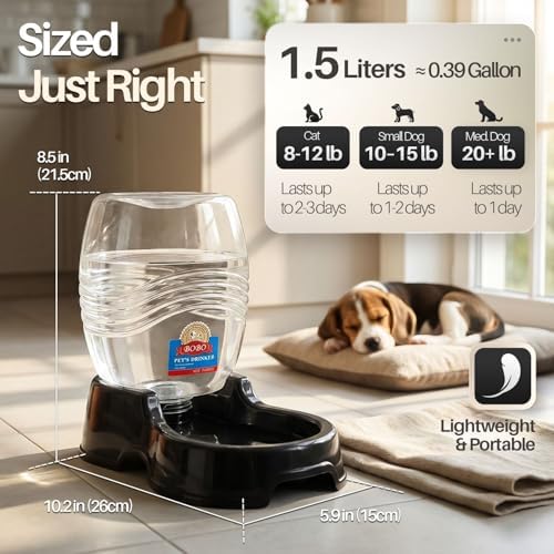 Flexzion Gravity Pet Water Dispenser for Cats & Small Dogs, 3/8 Gal, Black