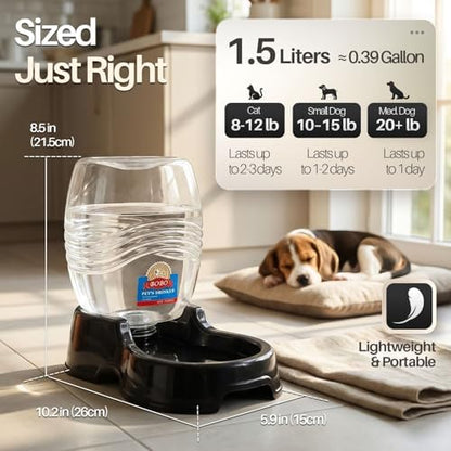 Flexzion Gravity Pet Water Dispenser for Cats & Small Dogs, 3/8 Gal, Black