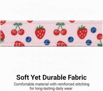 Pink Dog Collar, Female Dog Collar for Large Dogs with Strawberry, Cherry and Blueberry Print, Spring Summer Collar Made of Durable Soft Fabric, L