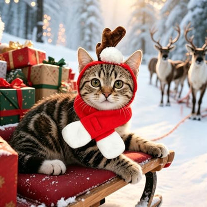 NAMSAN Pet Reindeer Costume for Cats Small Dogs Rabbits, Christmas Cat Single Antler Headband with Red Scarf, Small Dog Max Santa Antler Outfit for Christmas New Year Party Cosplay Statue Decoration - Image 2