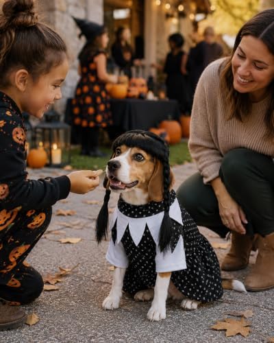 Dog Halloween Costume with Braided Wig, Vintage Printed Black Collar Dress for Small Medium Dogs, Creepy Doll Pet Cosplay Outfit, Spooky Gothic Party Apparel (11-44 lbs) - Image 5