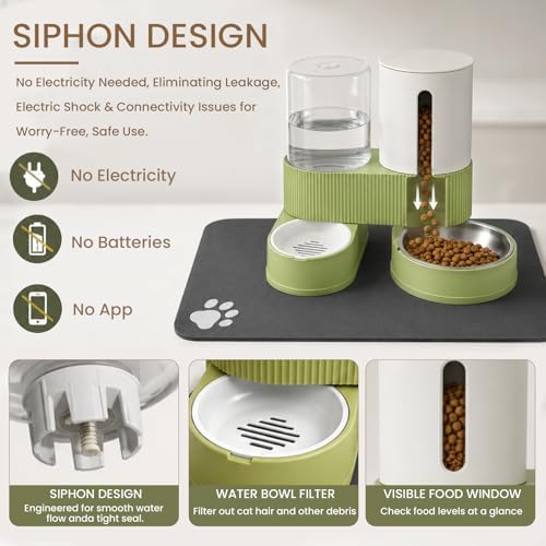 Gravity Cat Feeder 2 Pack Automatic Food Feeder and Water Dispenser Set Detachable Pet Bowl with Silicone Mat for Cats Small Medium Dogs, Large Capacity(Green)