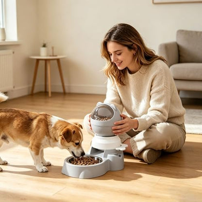 Automatic Gravity Pet Feeder Dispenser,Treat Dispenser with Button for Slow Feeder,Dog Waterer and Food Feeder for Cats Dogs (Grey)
