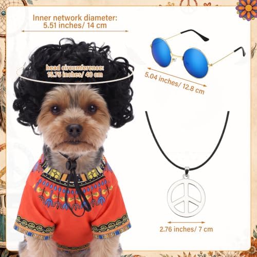 Kinlop 4 Pcs Hippie Dog Costume Halloween Pet Costume Accessories Includes 60s 70s African Dashiki T-Shirt Afro Wig Peace Sign Necklace and Sunglasses for Party Dress Up(M) - Image 3