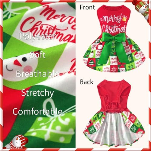 XPUDAC Dog Christmas Outfit Dog Dress Holiday Puppy Clothes for Small Dogs Girl, Pet Costume Cat Outfits Green Red-Small - Image 5