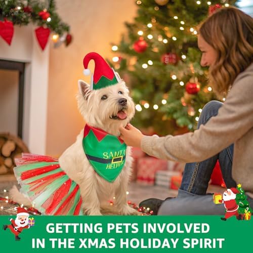 SCENEREAL Christmas Dog Bandana Dress with Hat Set, Pet Santa Costume for Small Medium Sized Dogs, Cute Tutu Skirt Outfit for Party Halloween - Image 5