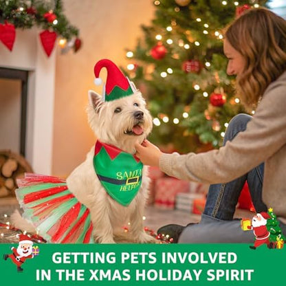 SCENEREAL Christmas Dog Bandana Dress with Hat Set, Pet Santa Costume for Small Medium Sized Dogs, Cute Tutu Skirt Outfit for Party Halloween - Image 5