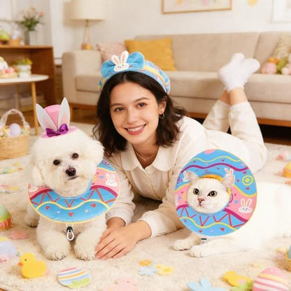 KOOLTAIL Dog Easter Outfit, Bunny Hat & Scarf Costumes Set for Small Medium Dogs,Funny Pet Holiday Rabbit Easter Egg Design Collar Headband, Puppy Large Cat Cosplay Party Apparel Accessory,Pink&Blue M - Image 7