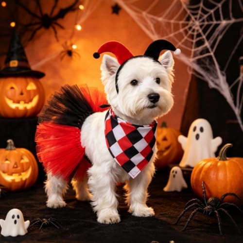 SCENEREAL Small Dog Halloween Costume, Clown Dog Bandana Headband Dress Set - Image 2