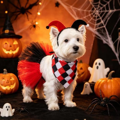 SCENEREAL Small Dog Halloween Costume, Clown Dog Bandana Headband Dress Set - Image 2