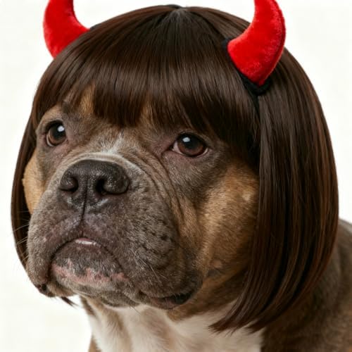 EXPAWLORER Funny Doggie Wig, 2 Pack Cosplay Dog Costume with Devil Hair Clip, Adjustable Headwear Dress Up Holiday Apparel for Party for Small Medium Large Dogs Puppies Cats(Brown Straight) by EXPAWLORER