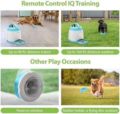 PETGEEK Automatic Dog Treat Dispenser, Interactive Pet Toy Food Dispensing for IQ Training, Dog Food Dispenser with Button Remote Push, Dual Power Supply for Indoor Outdoor Use, Blue