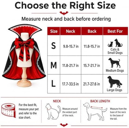 Halloween Dog & Cat Vampire Cape Costume, Satin-Look Pet Vampire Cloak with Bat Bow Tie and Stand-Up Collar, Adjustable Costume for Small, Medium, Large Dogs and Cats - Image 4