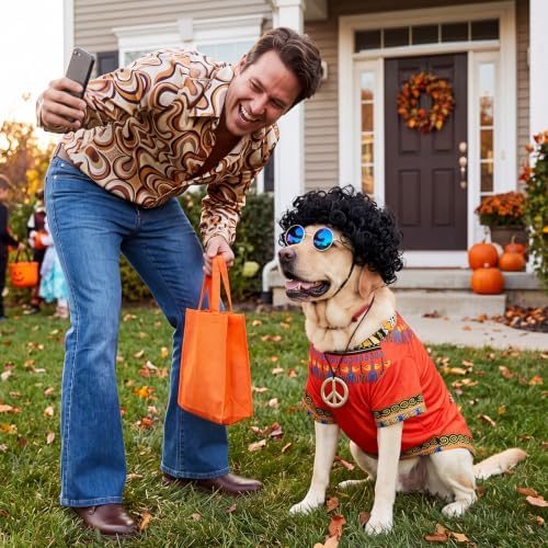 Kinlop 4 Pcs Hippie Dog Costume Halloween Pet Costume Accessories Includes 60s 70s African Dashiki T-Shirt Afro Wig Peace Sign Necklace and Sunglasses for Party Dress Up(XL) - Image 5