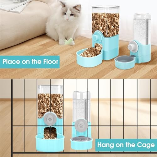 Hanging Cage Auto Small Pet Feeder Waterer Set for Puppy Cats, Blue