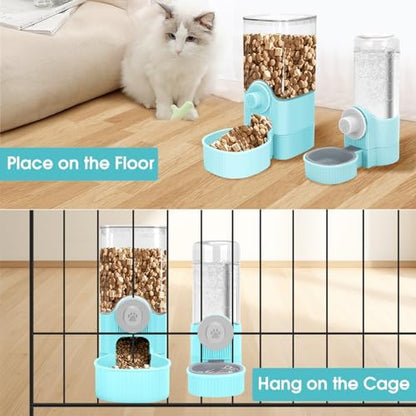 Hanging Cage Auto Small Pet Feeder Waterer Set for Puppy Cats, Blue