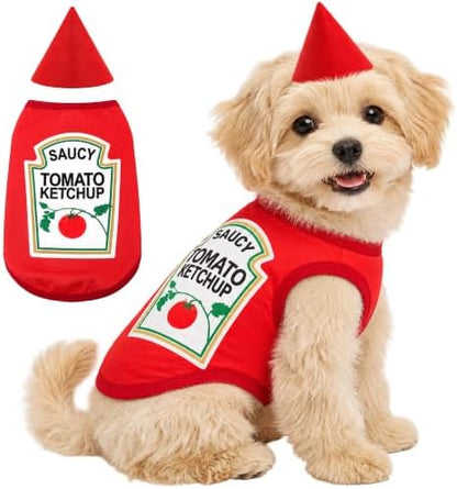 2 Pcs Halloween Dog Costume Set XL Tomato Ketchup Themed Pet Outfit with Matching Cone Hat Sleeveless Printed Tank Top for Medium Small Dogs Holiday Party Dress Up by Unknown