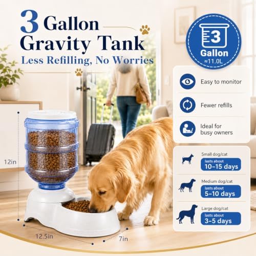 Automatic Dog Feeders - 3 Gallon Capacity Gravity Food Dispenser for Large Dogs and Cats
