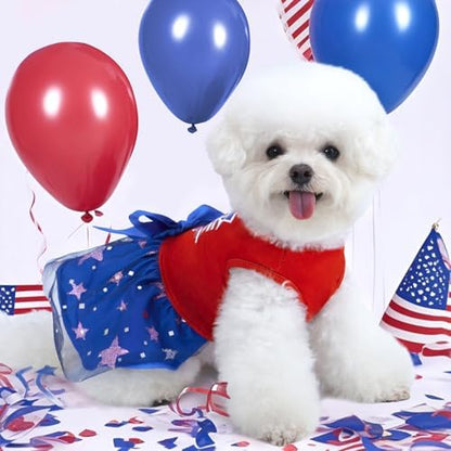 XPUDAC 4th of July Tulle Dog Dress Patriotic Clothes Doggie Outfit with Bow Independence Stars Skirt Pet Holiday Apparel for Small Dog Girl Cat, M - Image 4