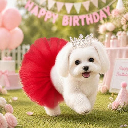 Pet Costume Set Tutu Skirt with Pearl Crown for Small Dog Cat Halloween Birthday Wedding Photo Prop Costume (Red) - Image 6