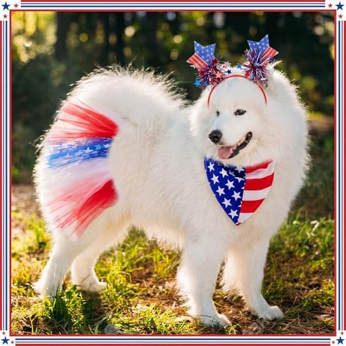 Huhumy 3 Pcs July 4th Dog Outfit Patriotic Flag Bandana Tutu Headband - Image 5