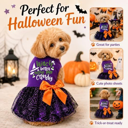Halloween Dog Dress, Witch Candy Spider Web Tutu Skirt, Holiday Cat Costume for Small Dogs and Cats, Purple Pet Outfit for Puppies and Kittens - Image 5