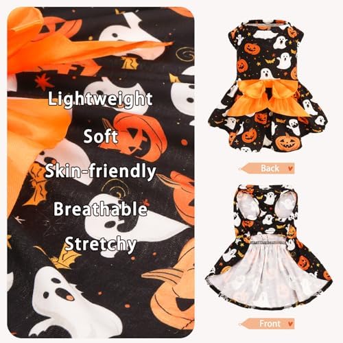 PUPTECK Halloween Dog Dress with Orange Bowtie, Ghost Pumpkin Print, M - Image 3