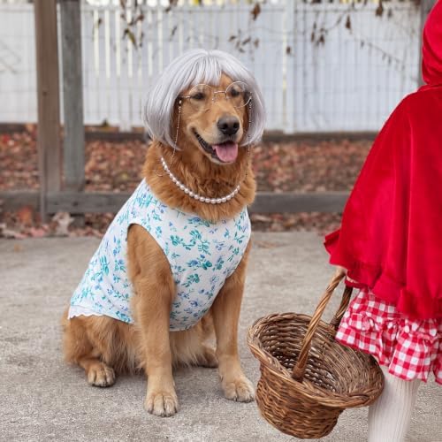 4Pcs Halloween Old Lady Costume Dog Grandma Outfit, Blue Ditsy Floral, 3 XL - Image 4