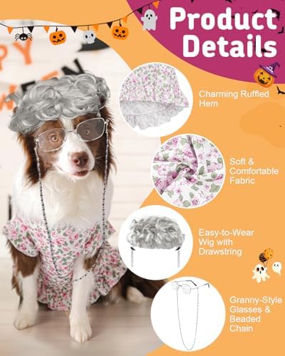 4P Funny Granny Wolf Dog Pet Costume – Halloween Old Lady Costume for Medium and Large Dogs – Includes Dress, Wig, Glasses & Chain Pet Halloween Party Inspired by Fairy Tales - Image 4
