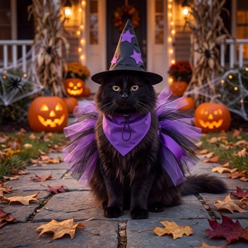 Huhumy 3 Pcs Halloween Witch Dog Costume Bandana Tutu Skirt for Puppy Cat - Image 6