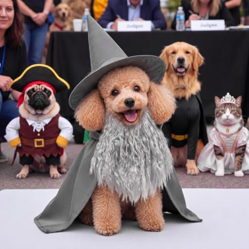 3 Pcs Halloween Pet Wizard Costume for Small Dogs Cats Kitten Puppy Cosplay Outfit Gray Polyester Halloween Party(M) - Image 6