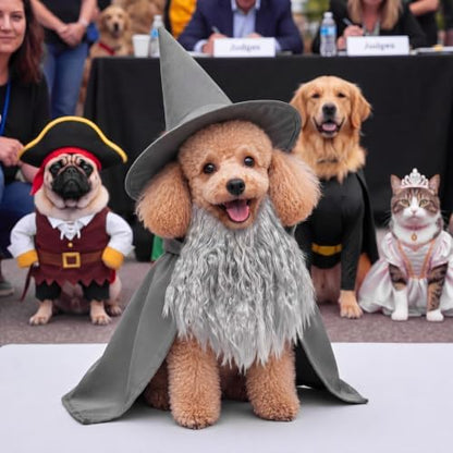 3 Pcs Halloween Pet Wizard Costume for Small Dogs Cats Kitten Puppy Cosplay Outfit Gray Polyester Halloween Party(M) - Image 6