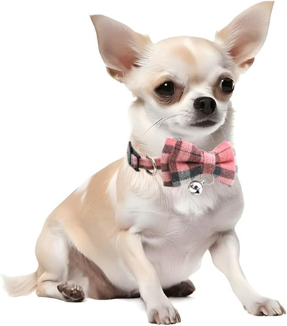 Pink Plaid Bow Kitten Collar with Bell, Breakaway Puppy Collar Bell with Bowtie Christmas Dog Collars Female for XXS Xs Small Tiny Little Pet Dogs Girl Kitten, for Hoilday Birthday Party