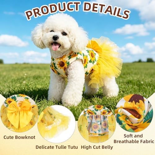 PUPTECK Breathable Stretchy Dog Dress with Tutu Skirt and Bow, Yellow S - Image 4