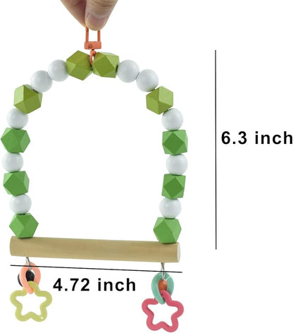 Wooden Bird Swing Perch for Parakeet, Small Birds Hanging Cage Stands Cockatiels Parrot Colorful Beads Bell Trainning Toy Playground Gym Accessories for Lovebirds Conures Budgies