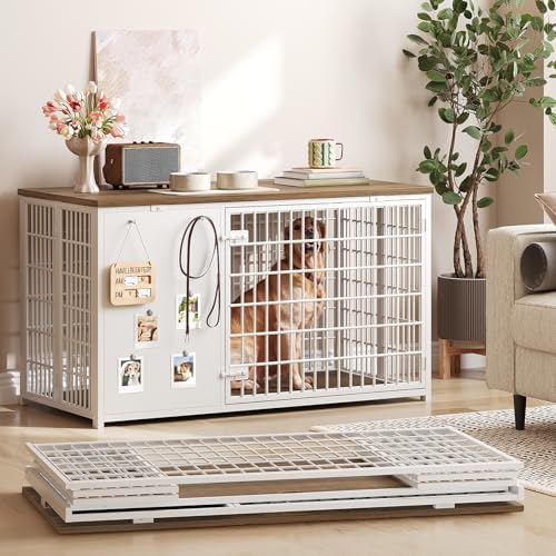 YATINEY Foldable Dog Crate Furniture, 47.2" Dog Crate with DIY Frame, Heavy Duty Dog Kennel Indoor with Hooks, Wooden Dog Cage End Table, for Small/Medium/Large Dogs, White DC120WH