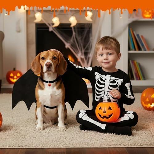 Olanrun Dog Halloween Costumes, Adjustable Dog Bat Wings Costumes for Medium Dogs with Pumpkin Bell Skeleton Print On The Back, Pet Costume Halloween Cosplay Party Dress Up, M Black - Image 6