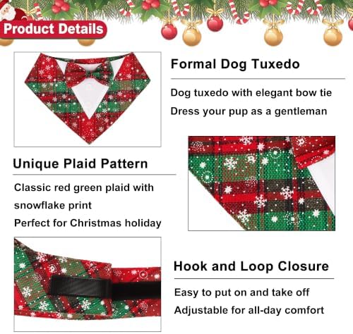 ADOGGYGO Christmas Dog Tuxedo Collar, Snowflake Red Green Plaid Dog Bow, L - Image 4