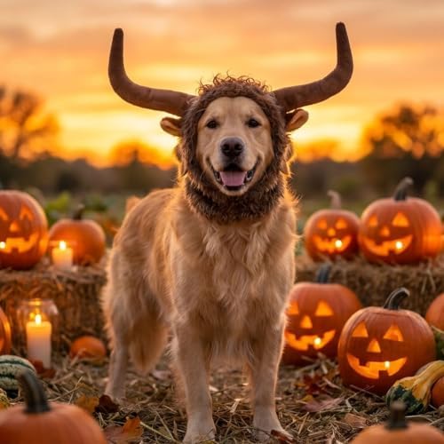 Halloween Dog Horn Wig Soft Bull Dog Costumes Winter Warm Hat Dog Wig Clothes Pet Funny Ox Hat Dog Cat Horn Headgear Accessories Cosplay Bull Mane for Medium to Large Dogs Outfit (Large) - Image 3