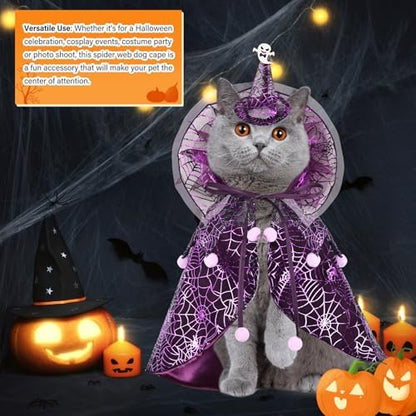 Dog Cat Halloween Costume Cobweb Tulle Cape & Wizard Hat Purple, LXL - Image 2