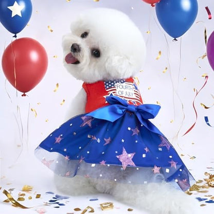 XPUDAC 4th of July Tulle Dog Dress Patriotic Clothes Doggie Outfit with Bow Independence Stars Skirt Pet Holiday Apparel for Small Dog Girl Cat, XS - Image 5