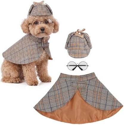 Ishua Dog Costume Set Detective Cloak Hat and Glasses for Small Dog and Cat by Ishua