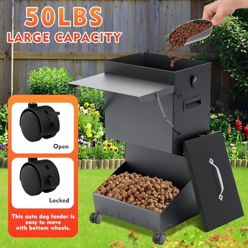 Willinglong 1 Pcs Automatic Large Dog Feeder with Lid and Wheels Outdoor 50 Lbs Self Feeding Pet Food Dispenser for Large Breed Dogs Pets