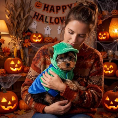 Newcotte Dog Halloween Costume Set Funny Green Overalls Outfit with Hat Retro Buddy Themed Dog Clothes for Cosplay Party(Small) - Image 5