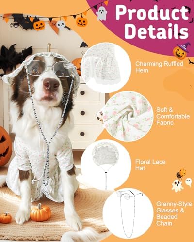 4P Funny Granny Wolf Dog Costume – Halloween Old Lady Costume for Dog for Medium and Large Dogs – Includes Floral Dress, Cap, Glasses & Eye – Classic Story-Themed Cosplay - Image 3