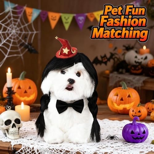 HOWWFALY Dog Costume Long Black BraidHair with Small Red Wizard Hat Styling CuteFunny Pet Hair Accessories Decoration forHalloween, Christmas, Parties - Image 2