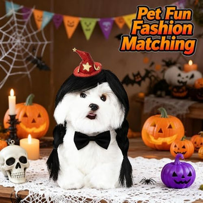 HOWWFALY Dog Costume Long Black BraidHair with Small Red Wizard Hat Styling CuteFunny Pet Hair Accessories Decoration forHalloween, Christmas, Parties - Image 2