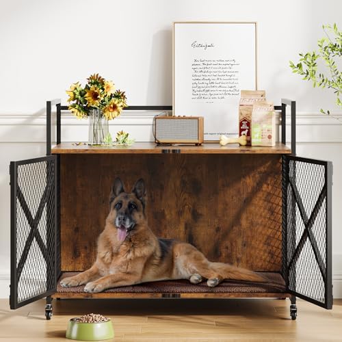 31 Inch Dog Crate Furniture, Heavy Duty Dog Kennel Table with 360° Swivel Wheels, Double Doors, 4 Latches, Vintage Farmhouse Dog House End Table for Large, Medium and Small Dogs, Brown