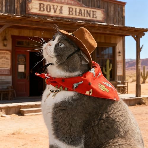 HOWWFALY Pet Cowboy Costume Set Dog Halloween Costumes Cat Cowboy Hat & Bandana Scarf for Small Medium Breeds(Bule, Small) - Image 6